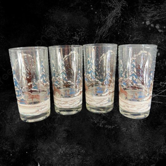 Culver Snow Scene Tumbler Rocks Glasses Mid Century Barware Set 4 Highball VTG - Picture 1 of 16